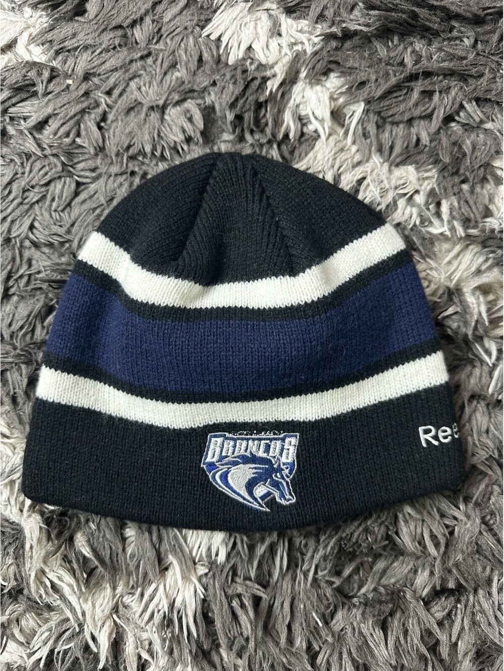 Swift Current Broncos Reebok WHL Knit Beanie Hat Black Navy Striped Hockey Cap